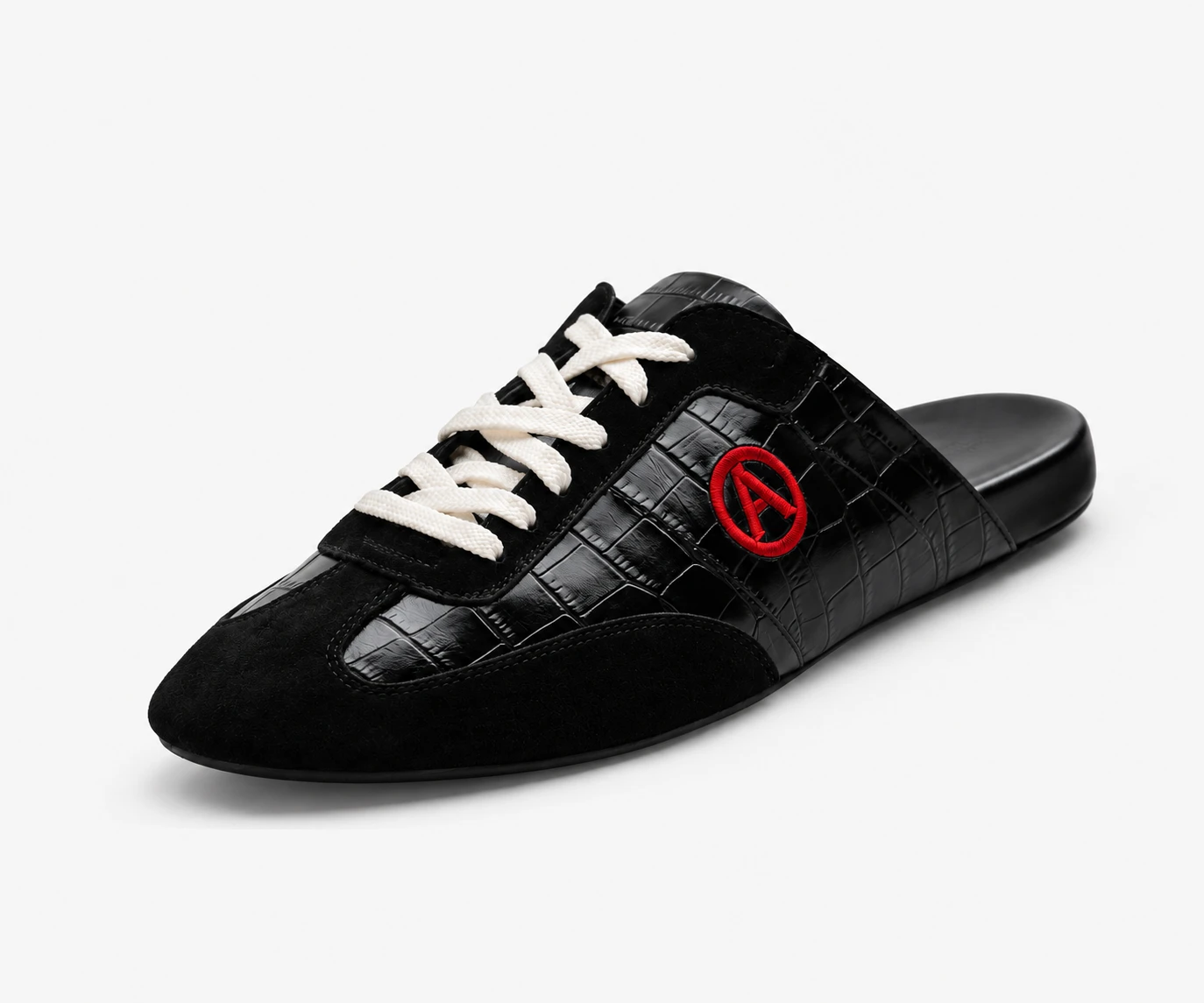 Eko Goose black croc-embossed leather slide with suede panels and red A embroidery
