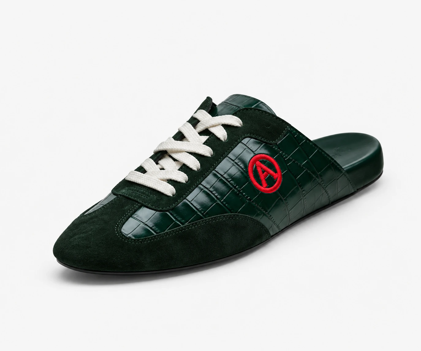 Eko Goose forest green croc-embossed leather slide with suede panels and red A embroidery